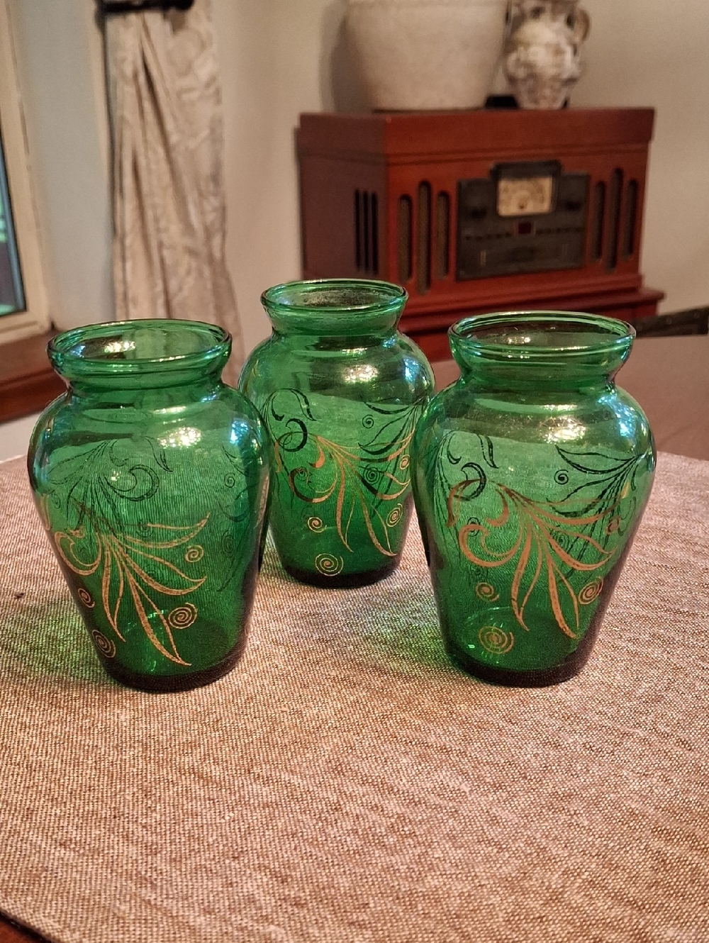 Vintage Anchor Hocking Emerld Green Glass Vases Gold Scroll Accent - Set of 3